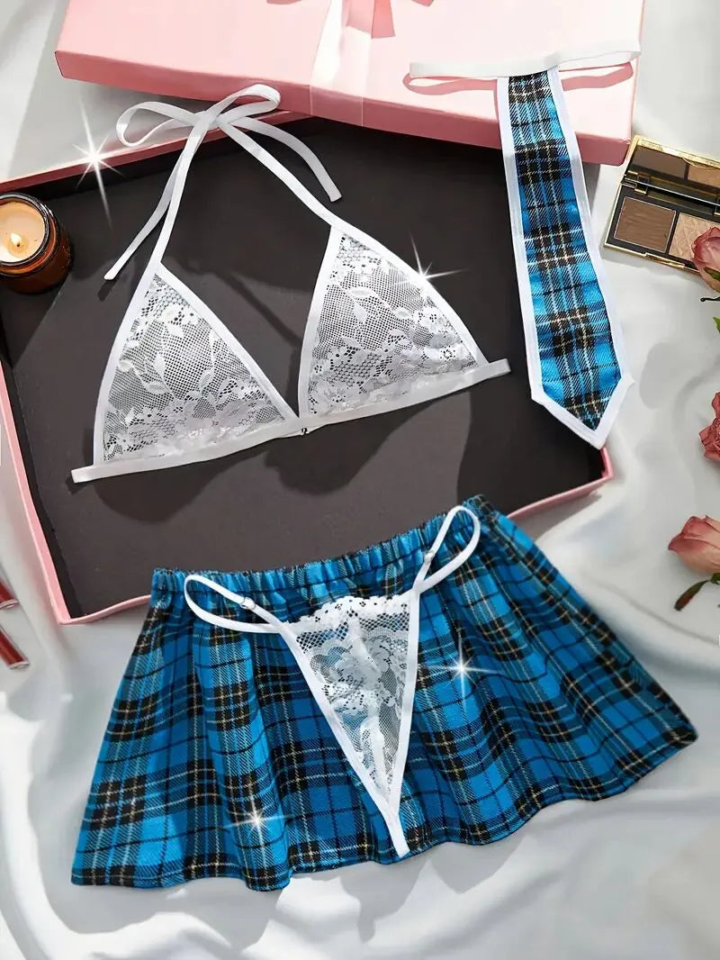 4pcs Set Cosplay Gingham Plaid Lace Sexy Lingerie Set