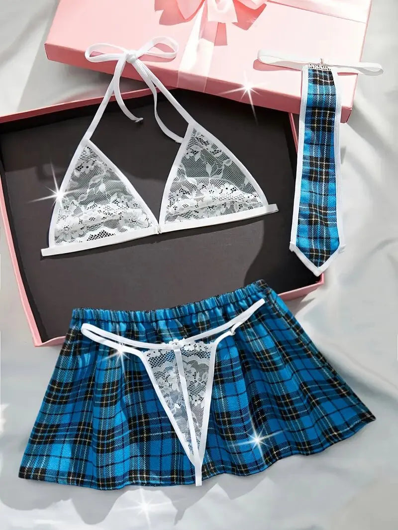 4pcs Set Cosplay Gingham Plaid Lace Sexy Lingerie Set