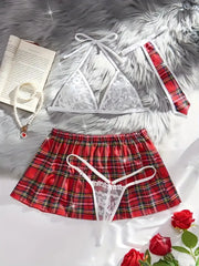 4pcs Set Cosplay Gingham Plaid Lace Sexy Lingerie Set