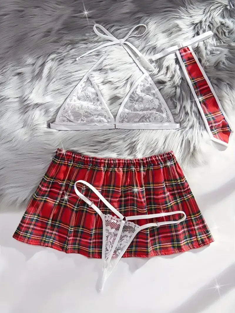 4pcs Set Cosplay Gingham Plaid Lace Sexy Lingerie Set