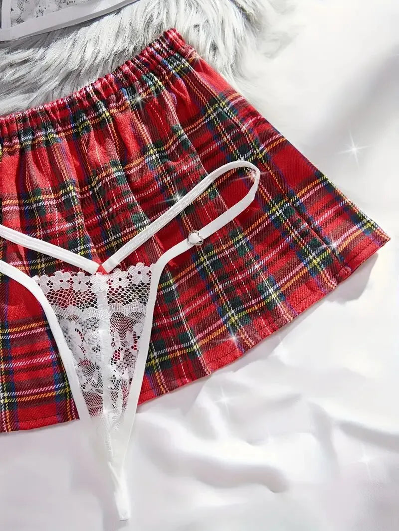 4pcs Set Cosplay Gingham Plaid Lace Sexy Lingerie Set