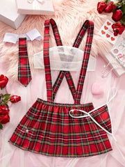 4pcs Set Cosplay Gingham Plaid Mesh Sexy Lingerie Set