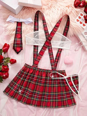 4pcs Set Cosplay Gingham Plaid Mesh Sexy Lingerie Set