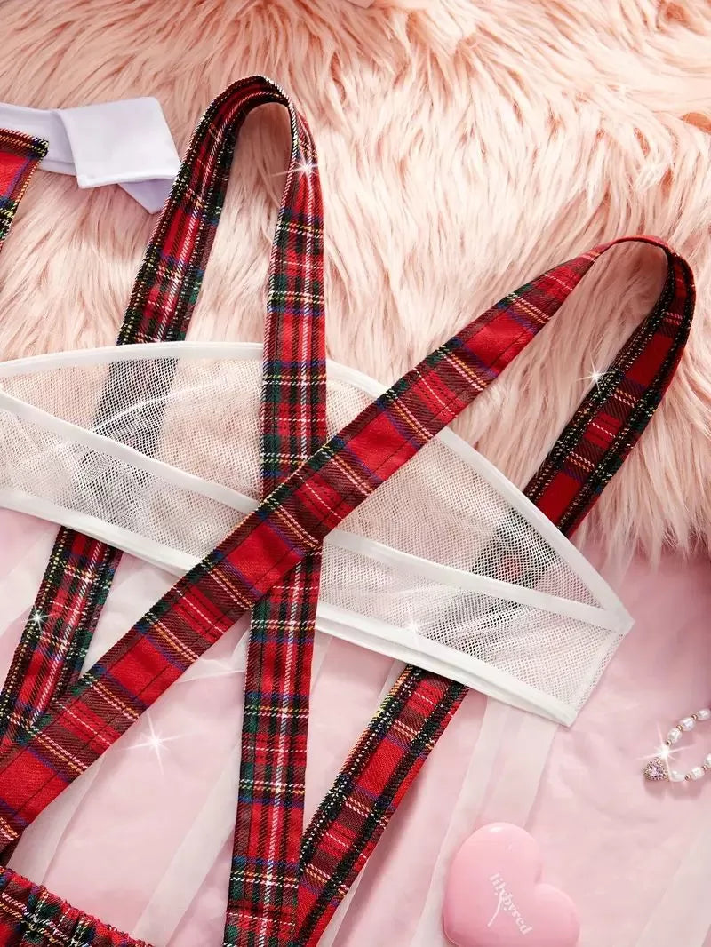 4pcs Set Cosplay Gingham Plaid Mesh Sexy Lingerie Set