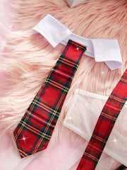 4pcs Set Cosplay Gingham Plaid Mesh Sexy Lingerie Set