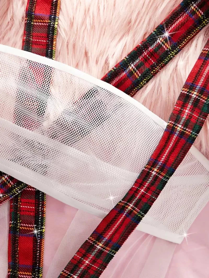 4pcs Set Cosplay Gingham Plaid Mesh Sexy Lingerie Set