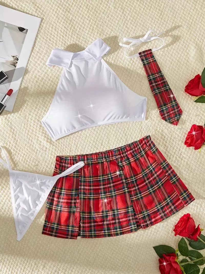 4pcs Set Cosplay Gingham Plaid Split Sexy Lingerie Set