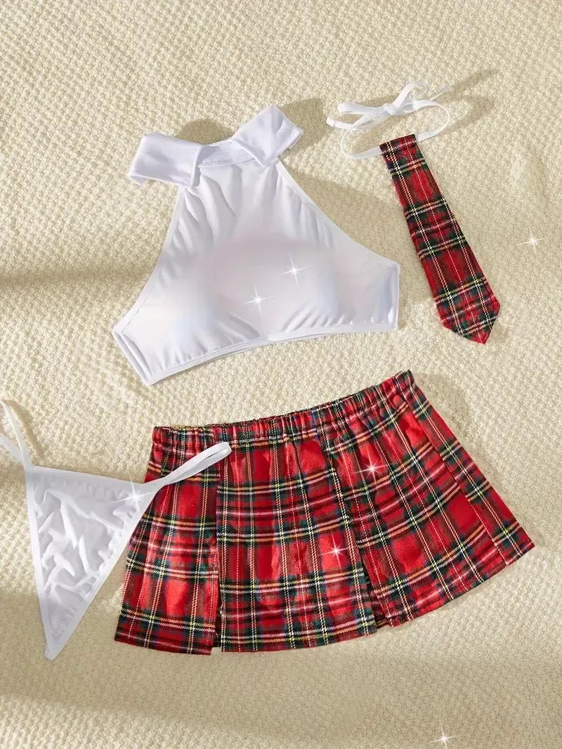 4pcs Set Cosplay Gingham Plaid Split Sexy Lingerie Set