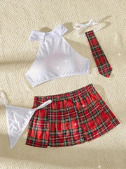 4pcs Set Cosplay Gingham Plaid Split Sexy Lingerie Set
