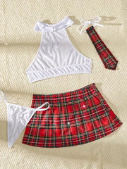 4pcs Set Cosplay Gingham Plaid Split Sexy Lingerie Set