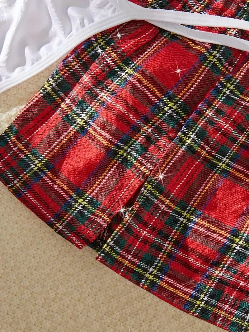 4pcs Set Cosplay Gingham Plaid Split Sexy Lingerie Set