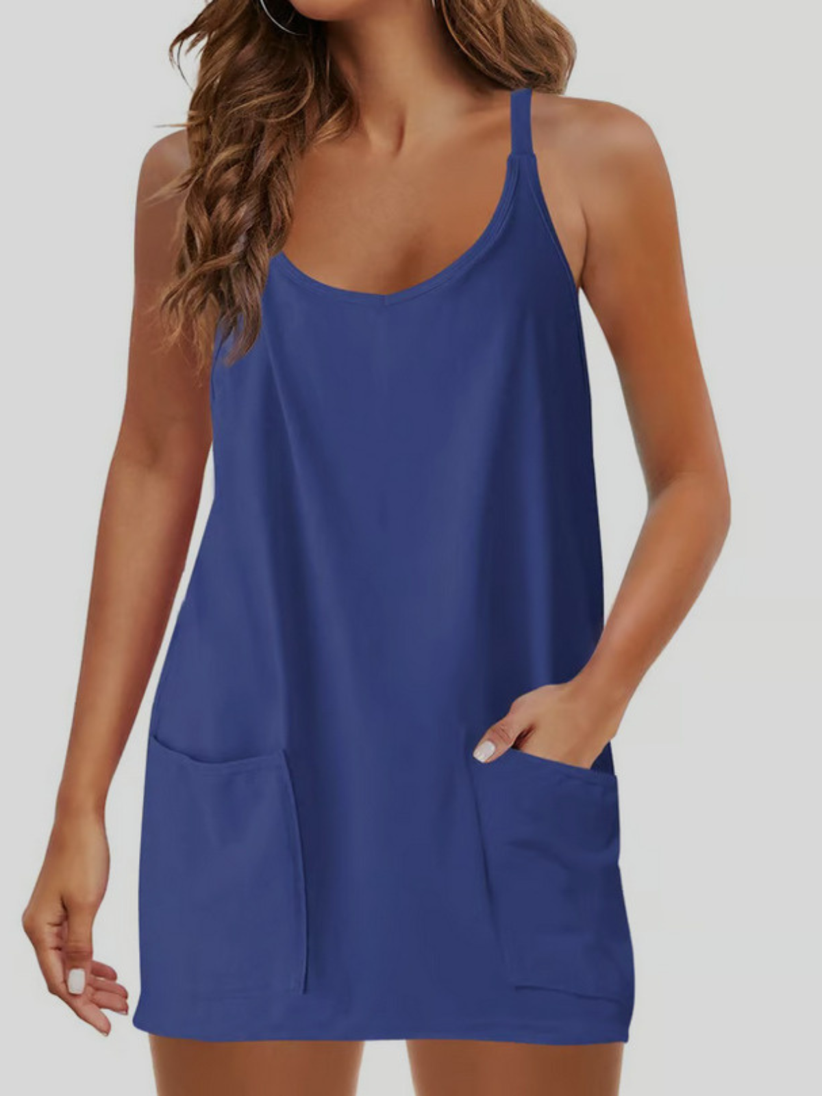 Summer Casual Comfy V Neck Spaghetti Straps Athletic Built-in Shorts Jumpsuits