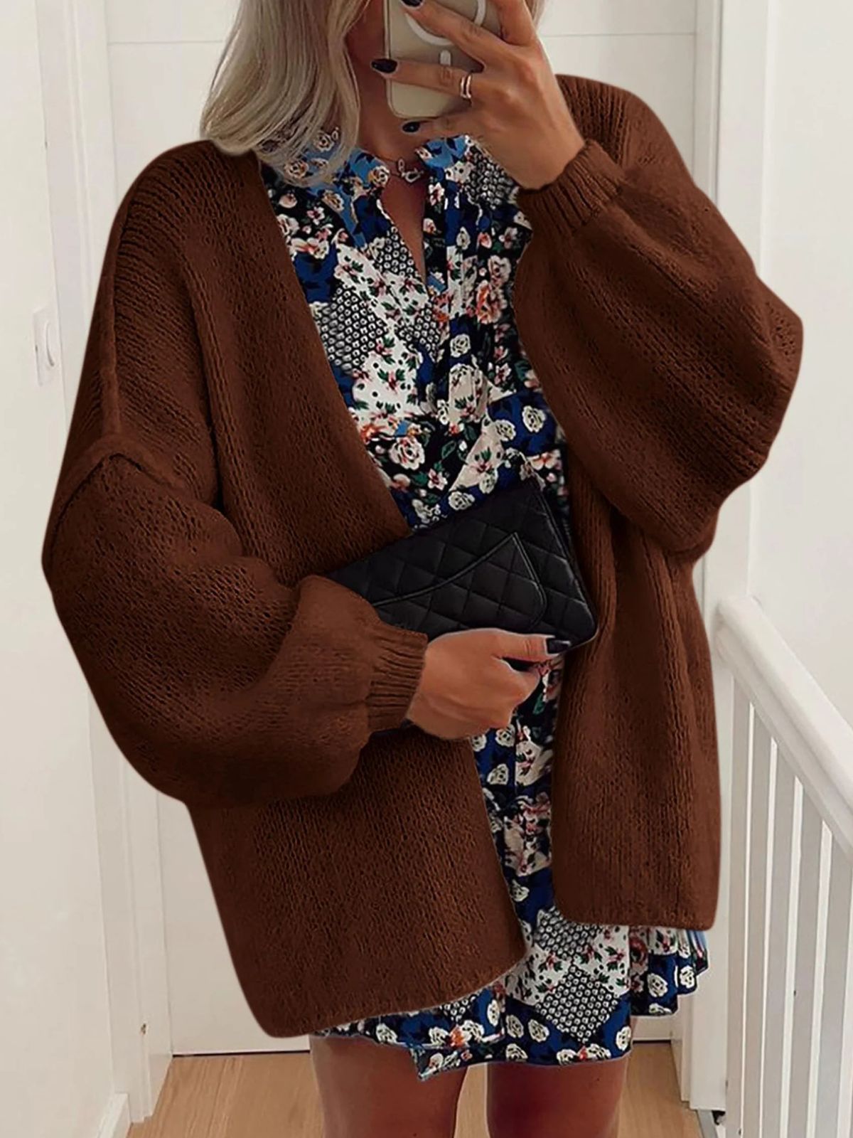 Solid Oversized Camel Outwear Fall Long Lantern Sleeve Knit Cardigan