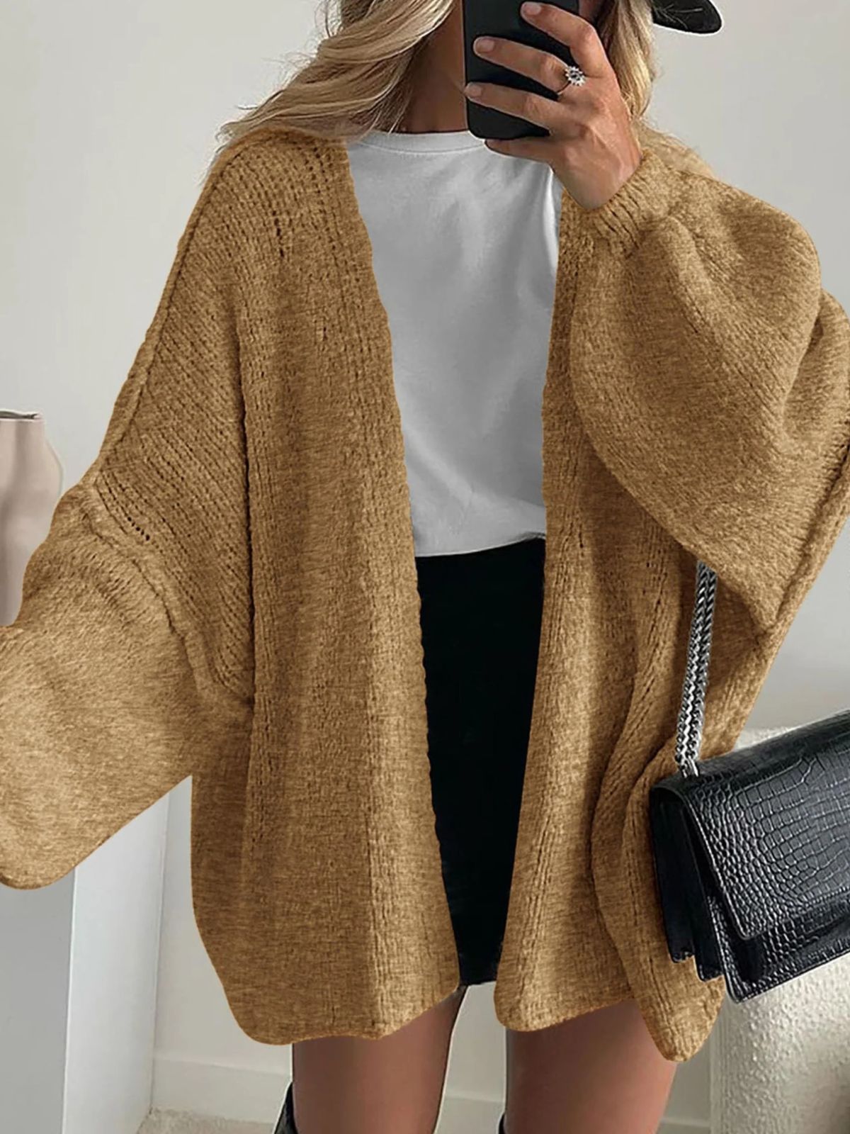 Solid Oversized Camel Outwear Fall Long Lantern Sleeve Knit Cardigan