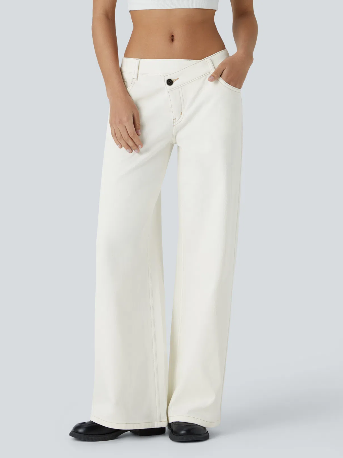 Washed Denim Asymmetric Low Rise Zipper Pockets Baggy Wide Leg Washed Casual Jeans