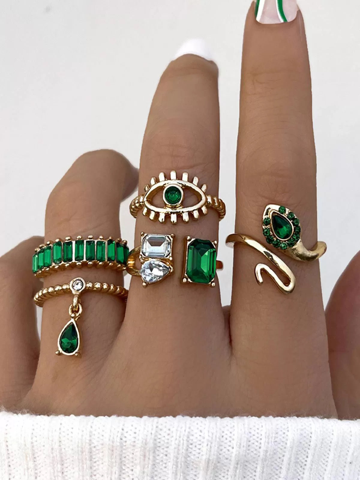 Glamorous Style 5pcs Solid Beading Alloy Teardrop Snake-Shaped Rings