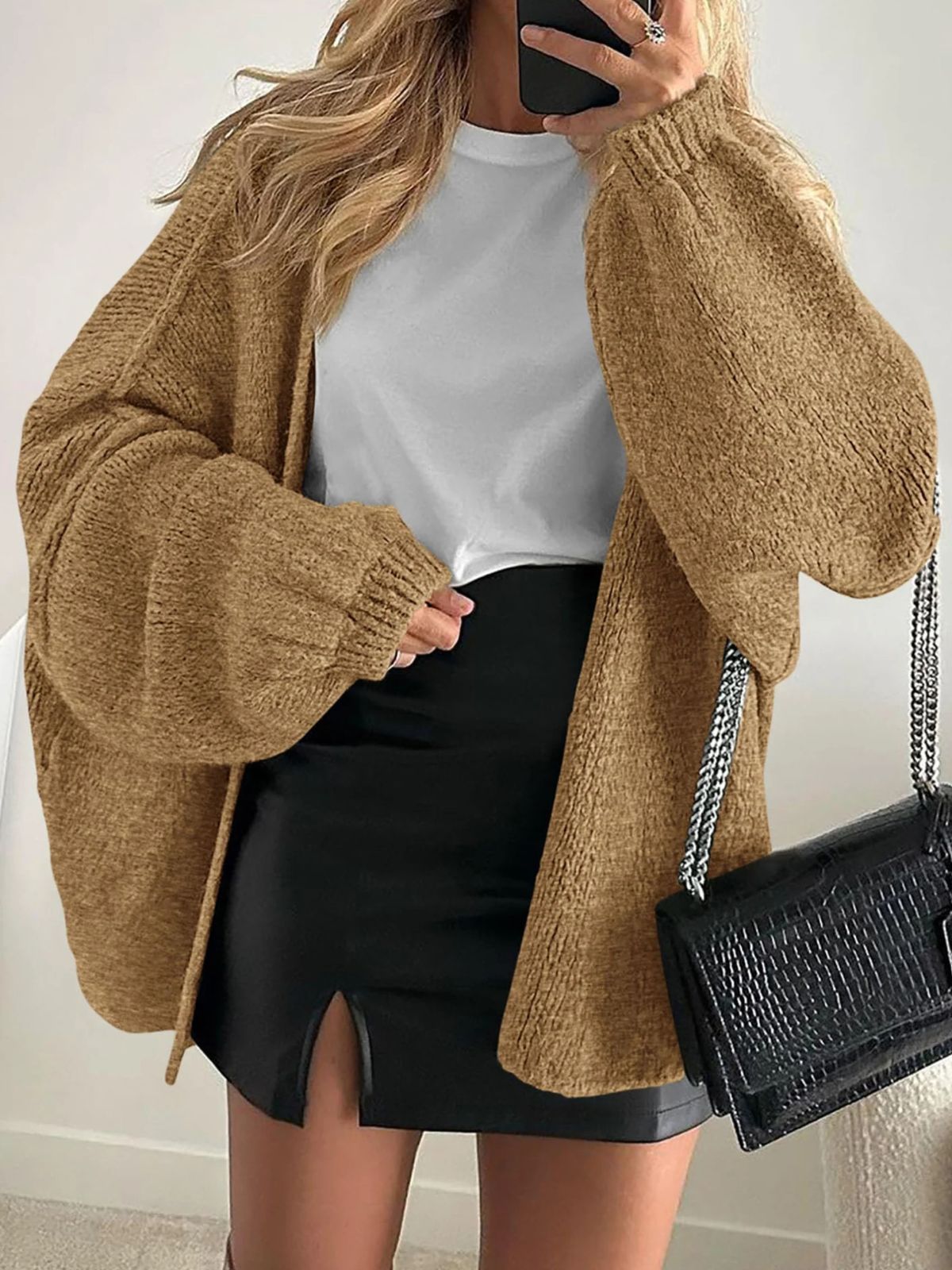 Solid Oversized Camel Outwear Fall Long Lantern Sleeve Knit Cardigan