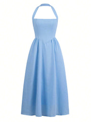 Solid Elegant Vacation Date Halter A-line Dress