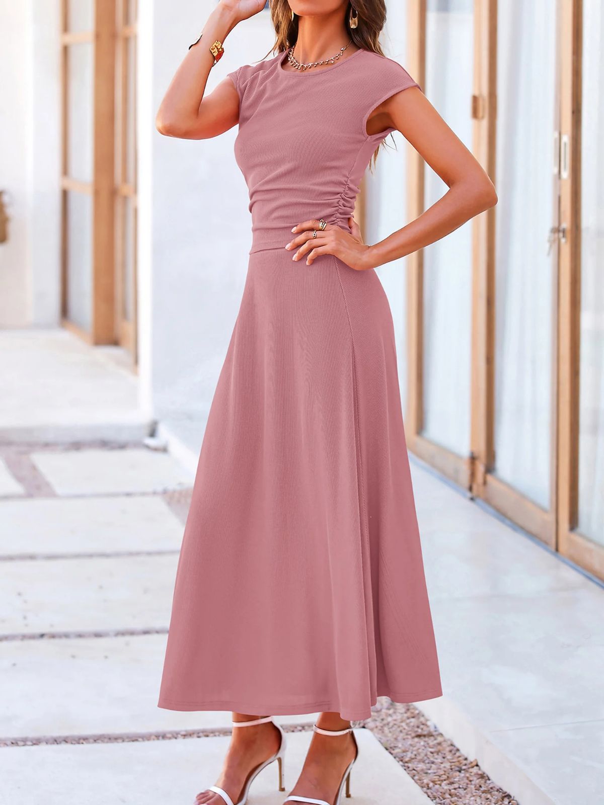 Solid Casual Knit Round Neck Wrinkle Crop Top & Solid High Waist Midi Skirt Set