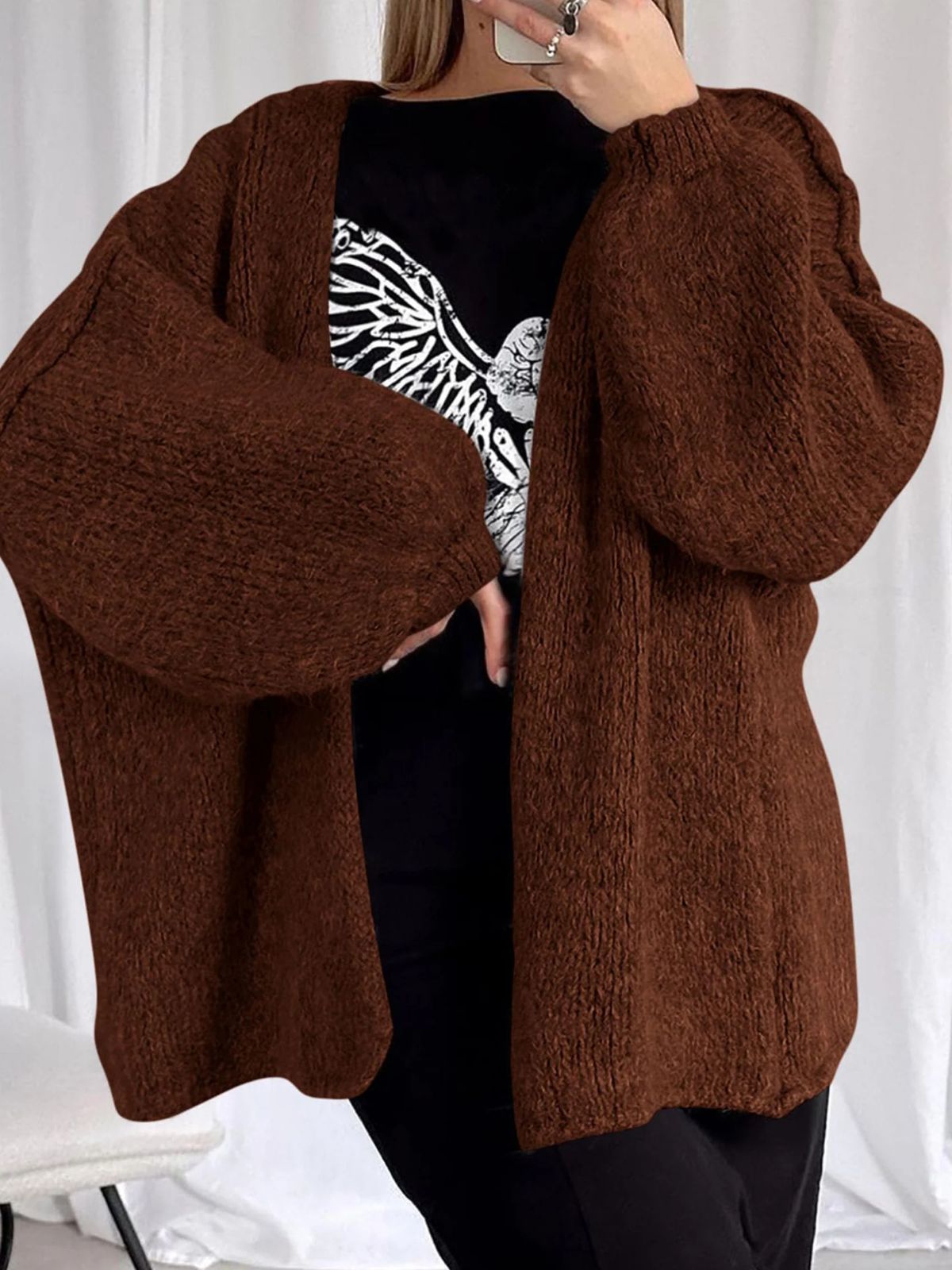 Solid Oversized Camel Outwear Fall Long Lantern Sleeve Knit Cardigan