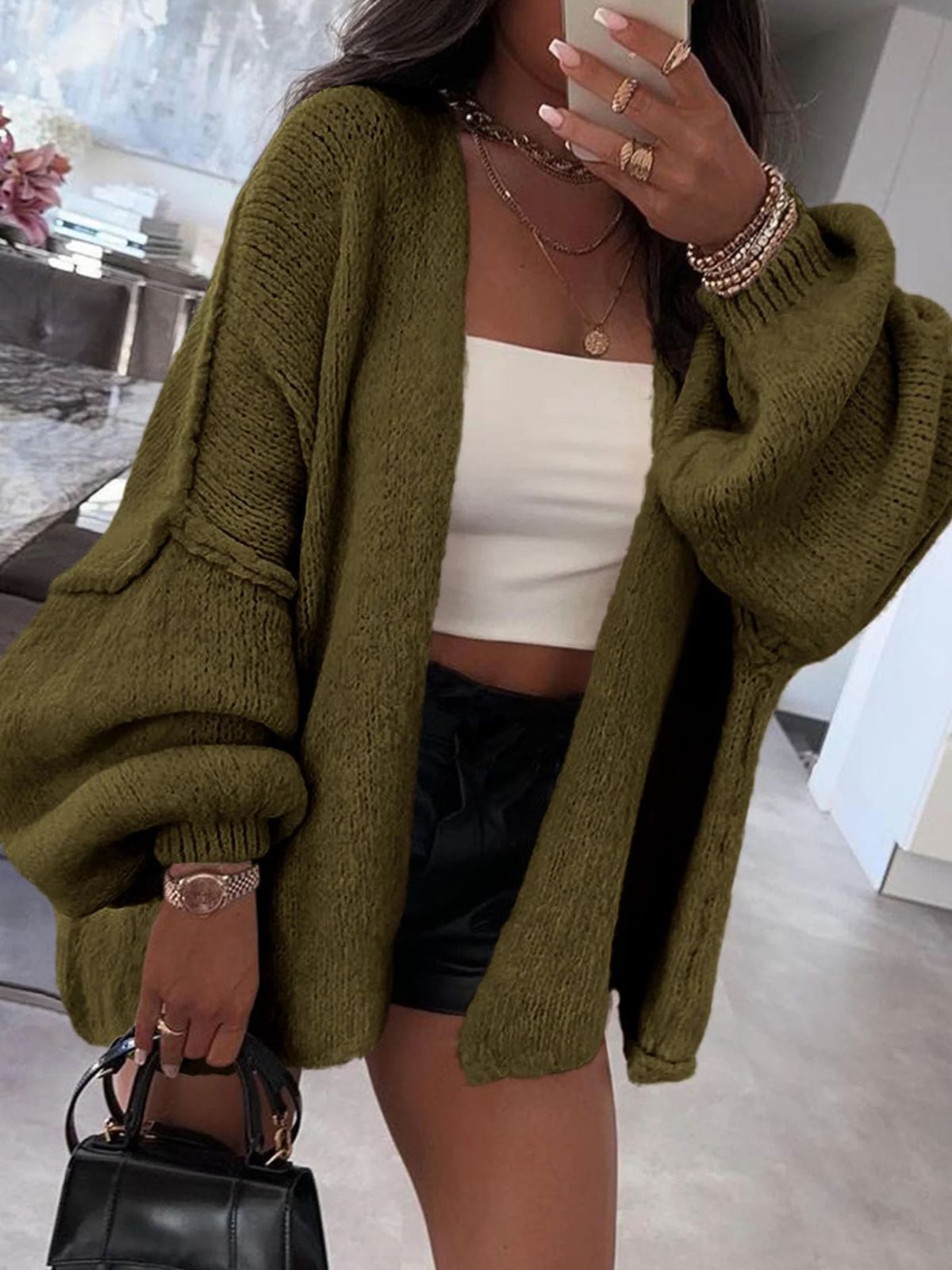 Solid Oversized Camel Outwear Fall Long Lantern Sleeve Knit Cardigan