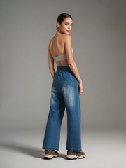 Baggy Washed Stretchy Knit High Waisted Multiple Pockets Baggy Wide Leg Denim Jeans
