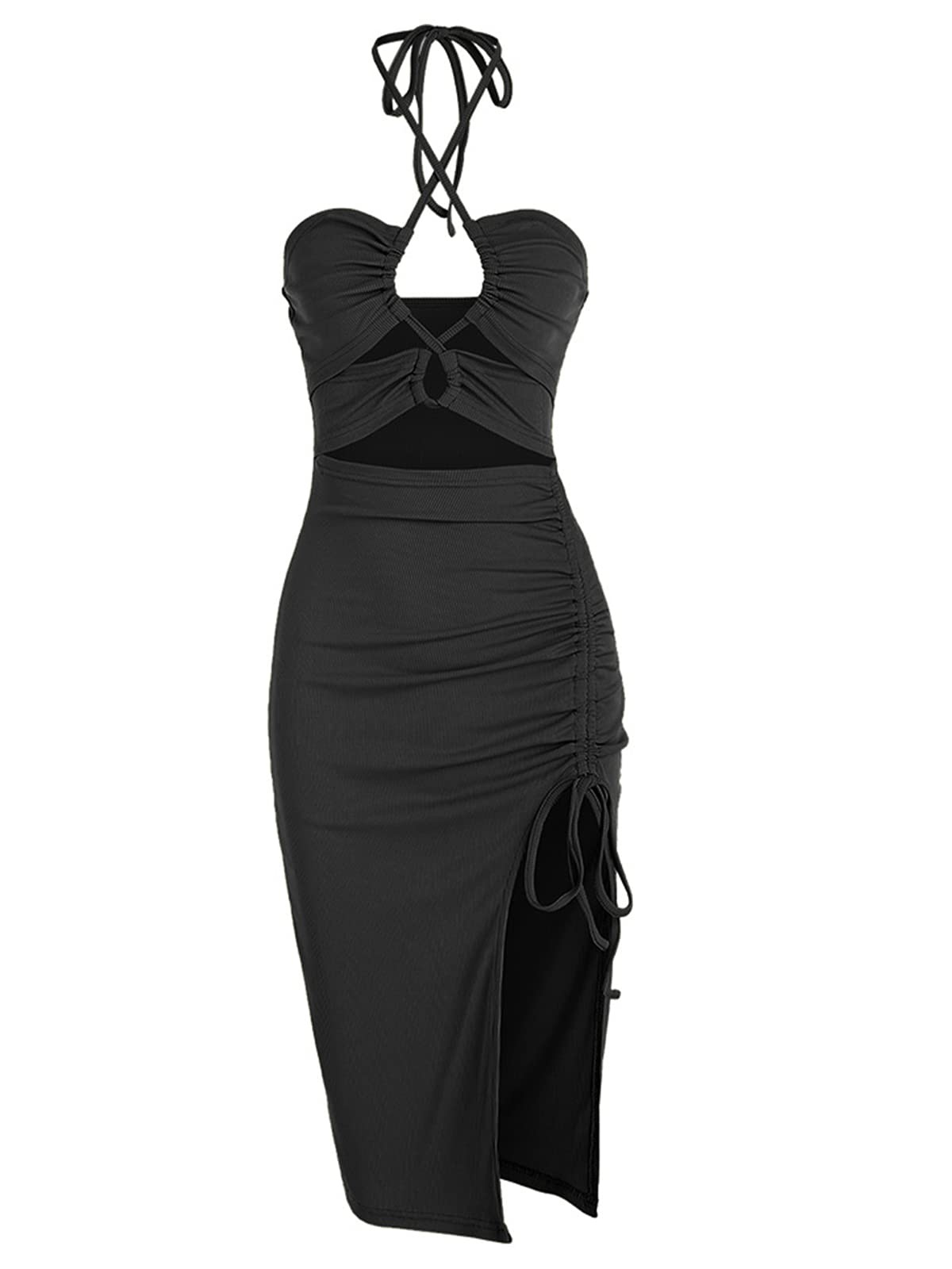 Solid Lace-up Criss Cross Halter Neck Cut-out Slit Backless Bodycon Dress