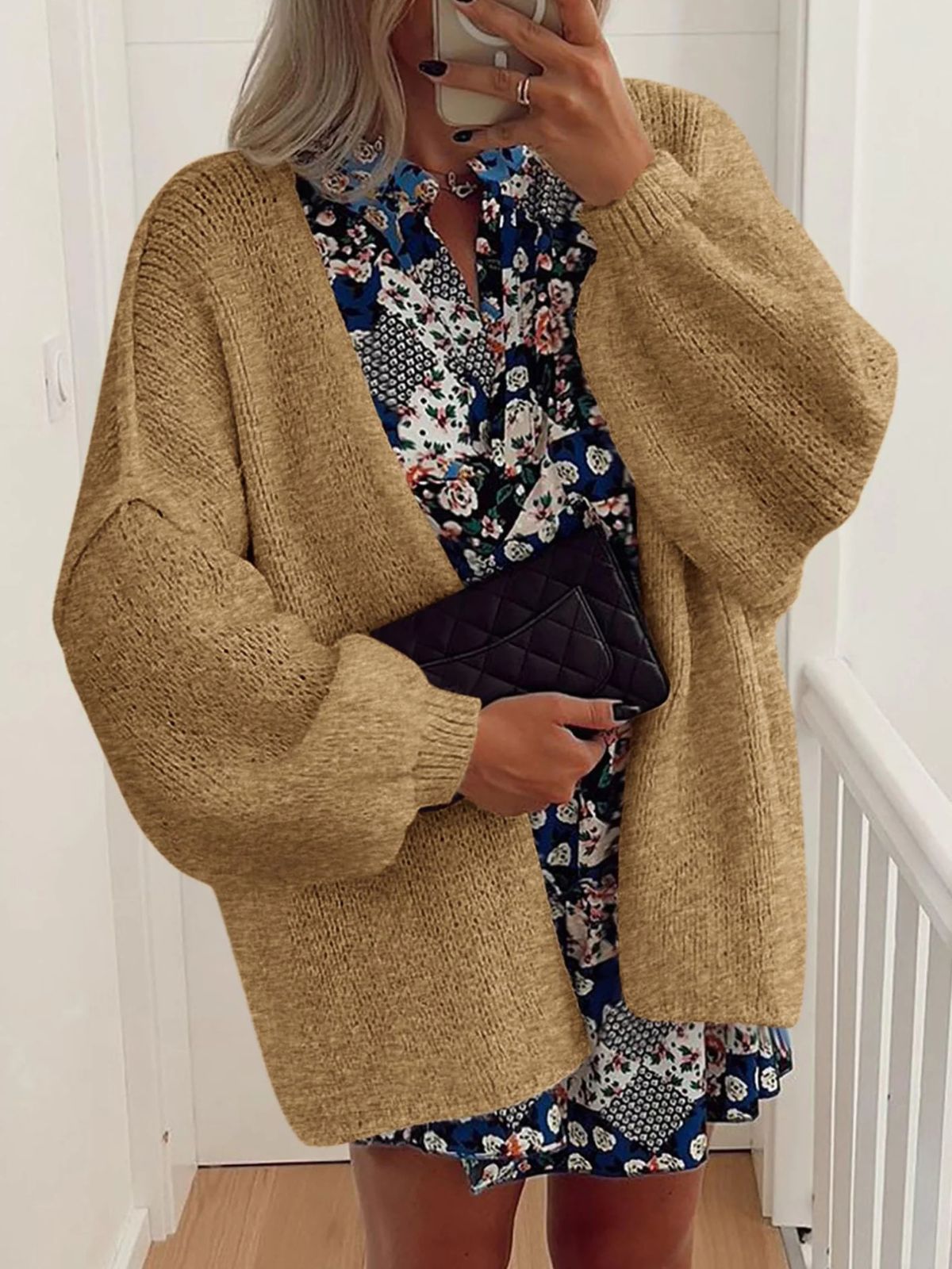 Solid Oversized Camel Outwear Fall Long Lantern Sleeve Knit Cardigan