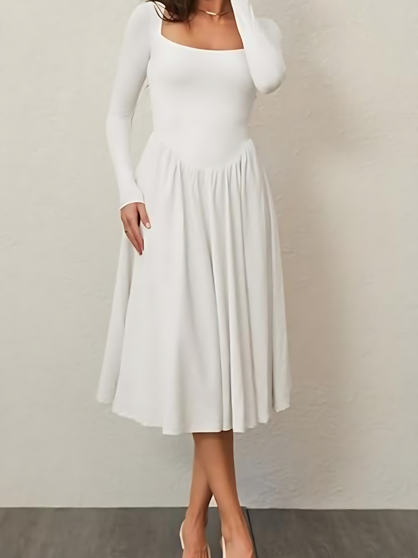 Fashion 2025 Square Neck Long Sleeve Casual A-Line Midi Dress