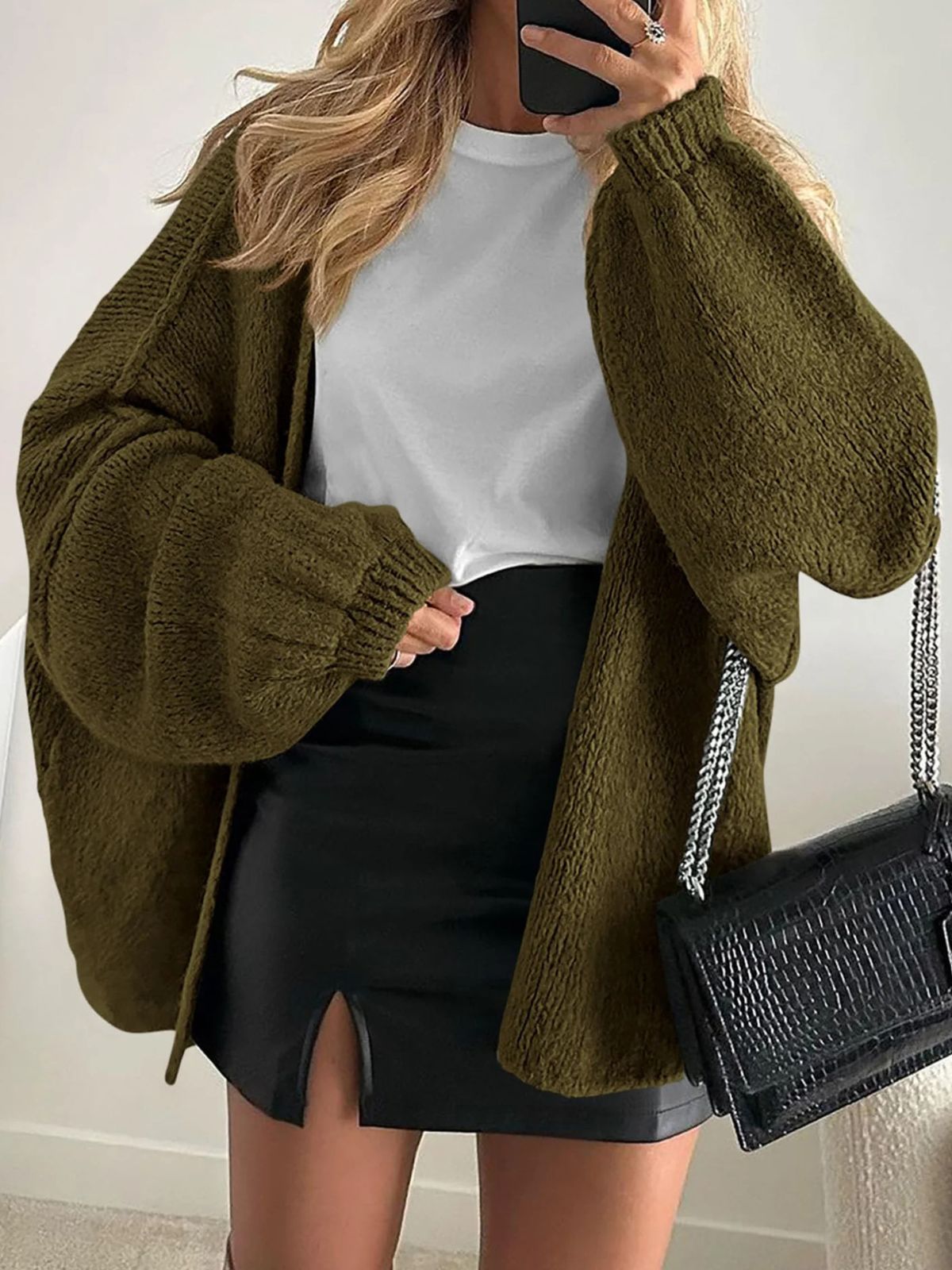 Solid Oversized Camel Outwear Fall Long Lantern Sleeve Knit Cardigan