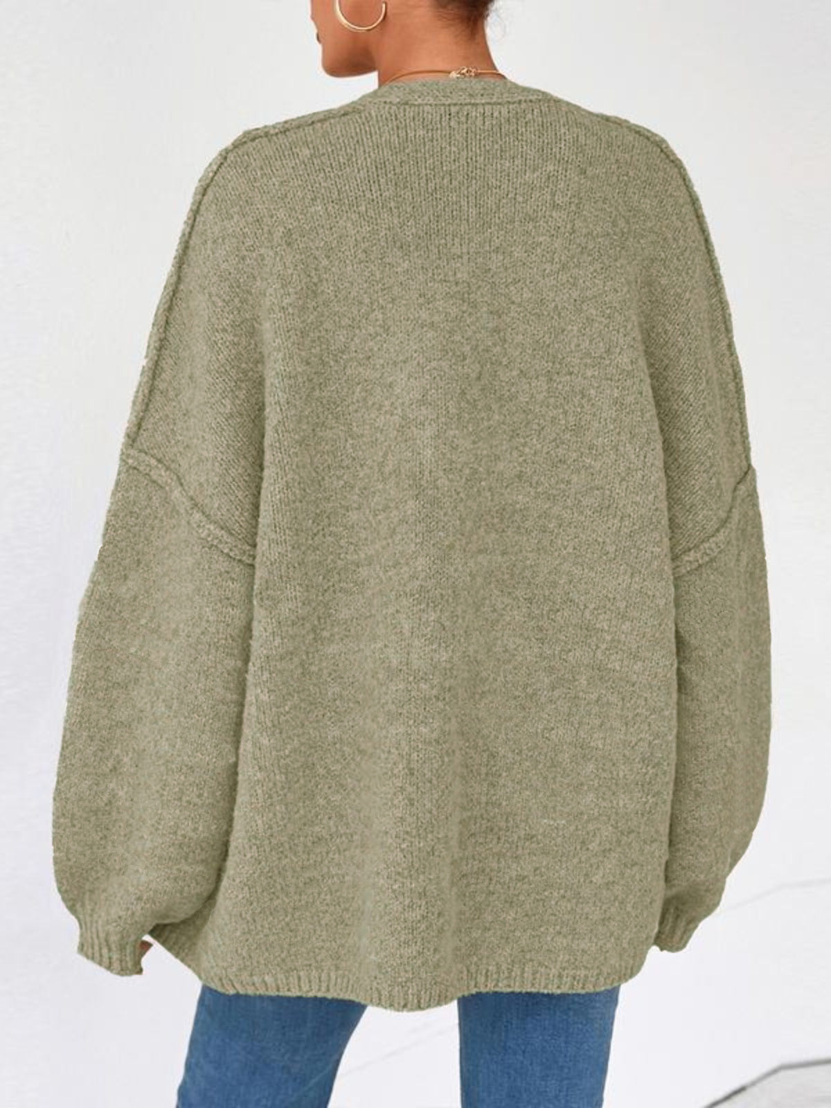 Solid Oversized Camel Outwear Fall Long Lantern Sleeve Knit Cardigan