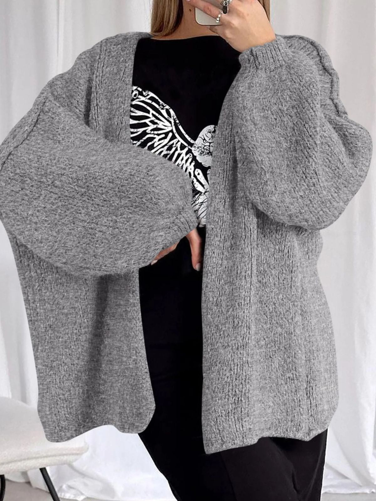 Solid Oversized Camel Outwear Fall Long Lantern Sleeve Knit Cardigan