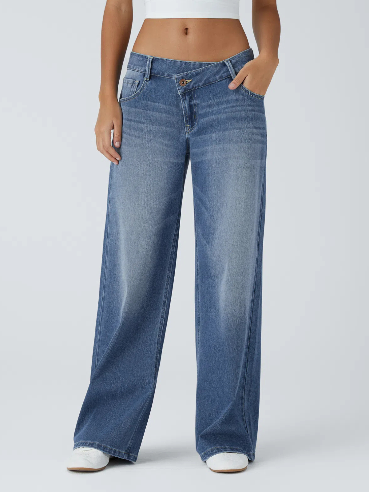 Washed Denim Asymmetric Low Rise Zipper Pockets Baggy Wide Leg Washed Casual Jeans