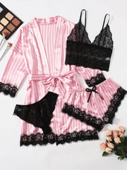 Stripes Regular Sleeve Lace Cardigan & Lace Shorts Set