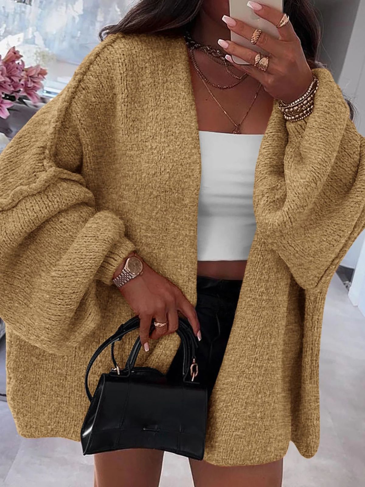 Solid Oversized Camel Outwear Fall Long Lantern Sleeve Knit Cardigan