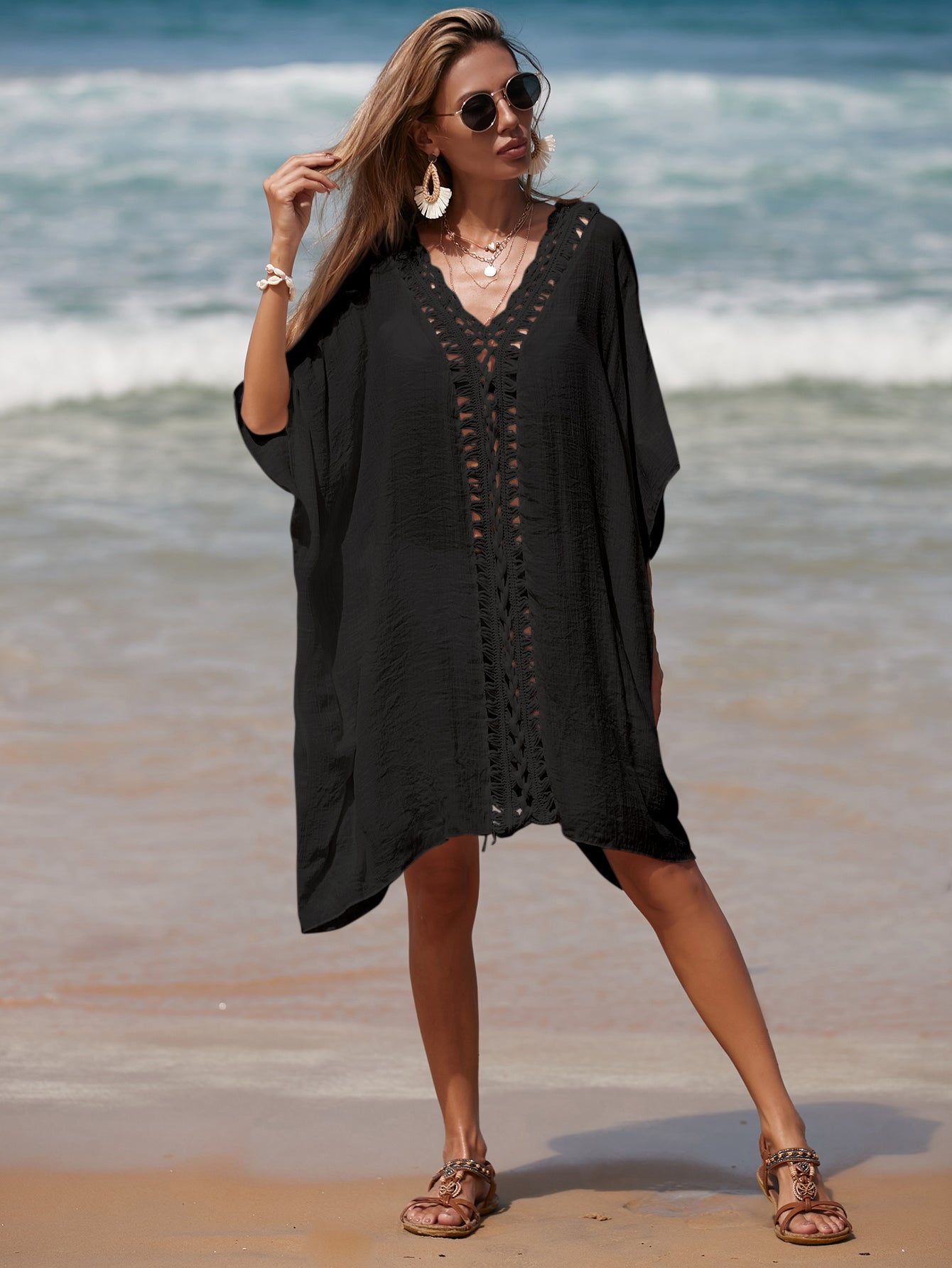 Solid Crochet Cutouts Round Neck Cover Up