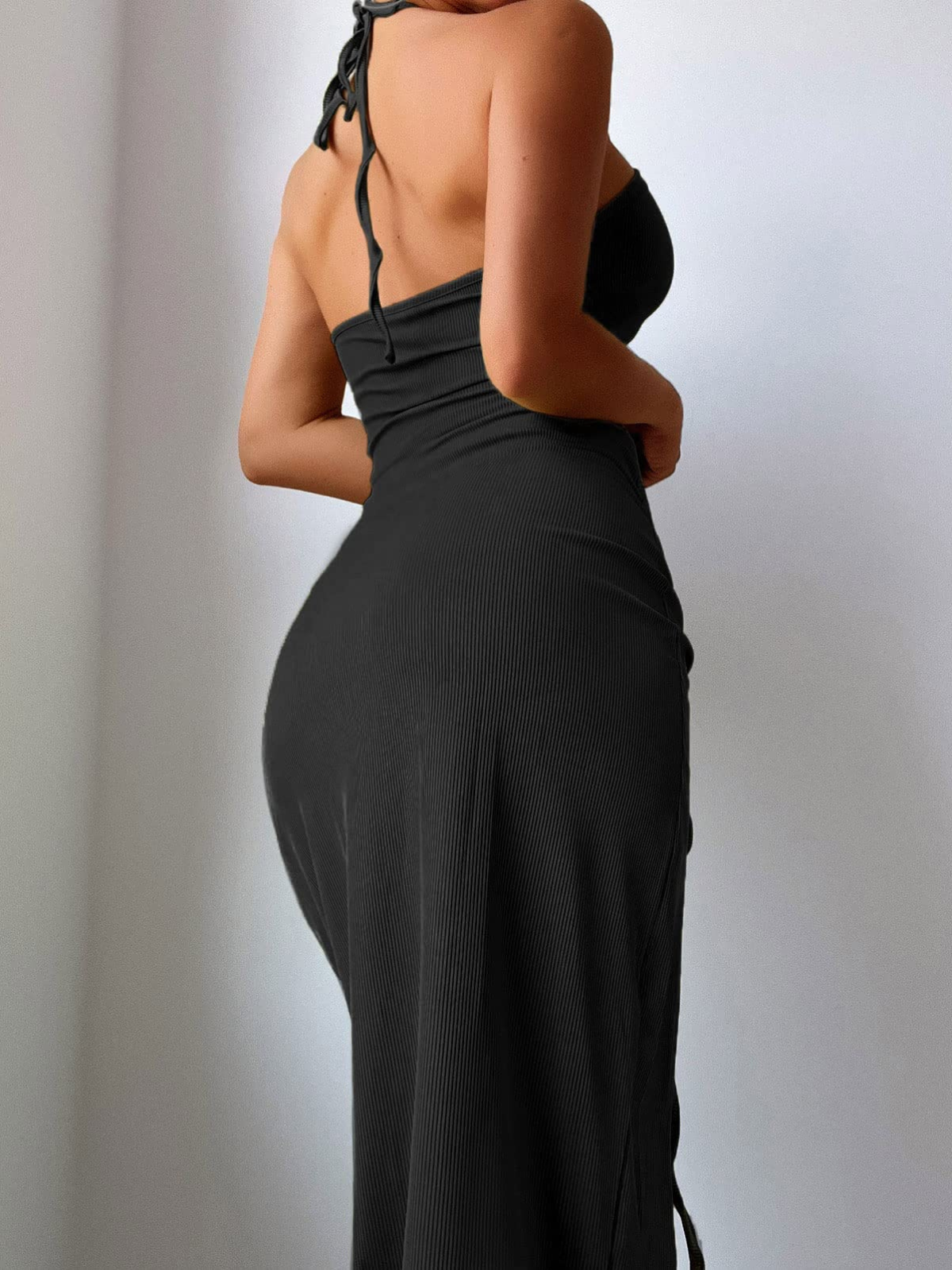 Solid Lace-up Criss Cross Halter Neck Cut-out Slit Backless Bodycon Dress