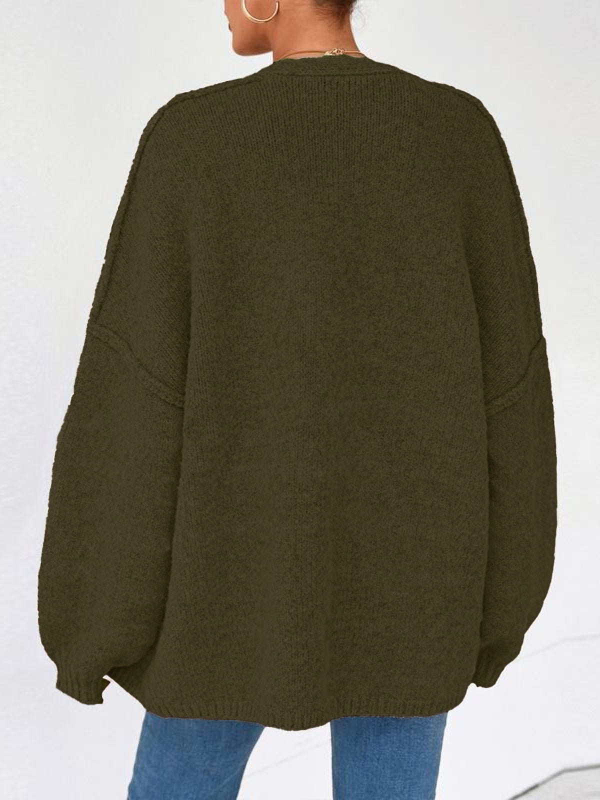 Solid Oversized Camel Outwear Fall Long Lantern Sleeve Knit Cardigan