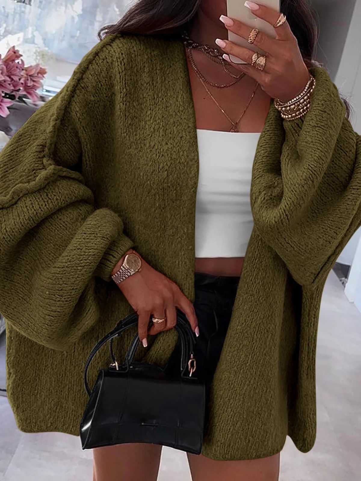 Solid Oversized Camel Outwear Fall Long Lantern Sleeve Knit Cardigan