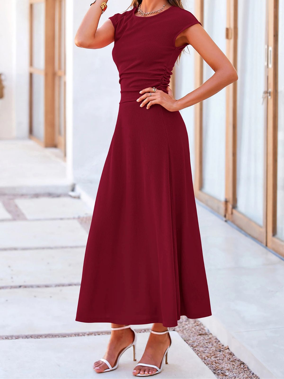 Solid Casual Knit Round Neck Wrinkle Crop Top & Solid High Waist Midi Skirt Set
