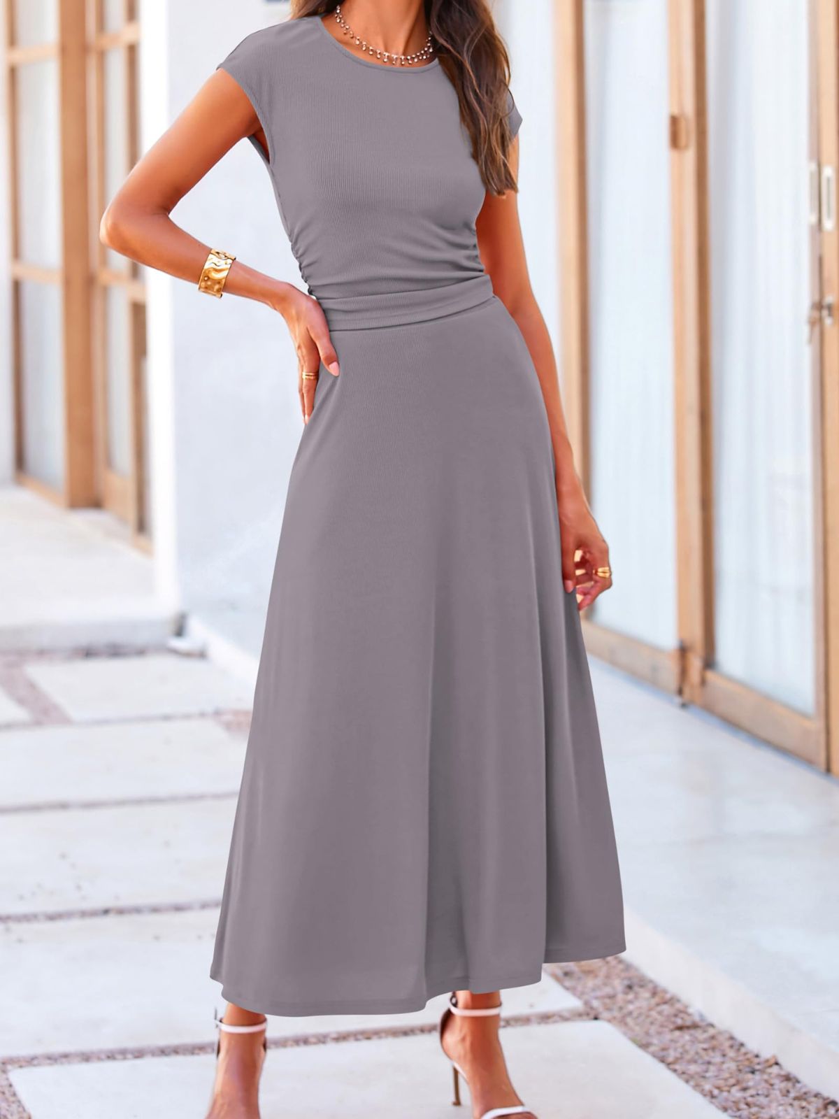 Solid Casual Knit Round Neck Wrinkle Crop Top & Solid High Waist Midi Skirt Set