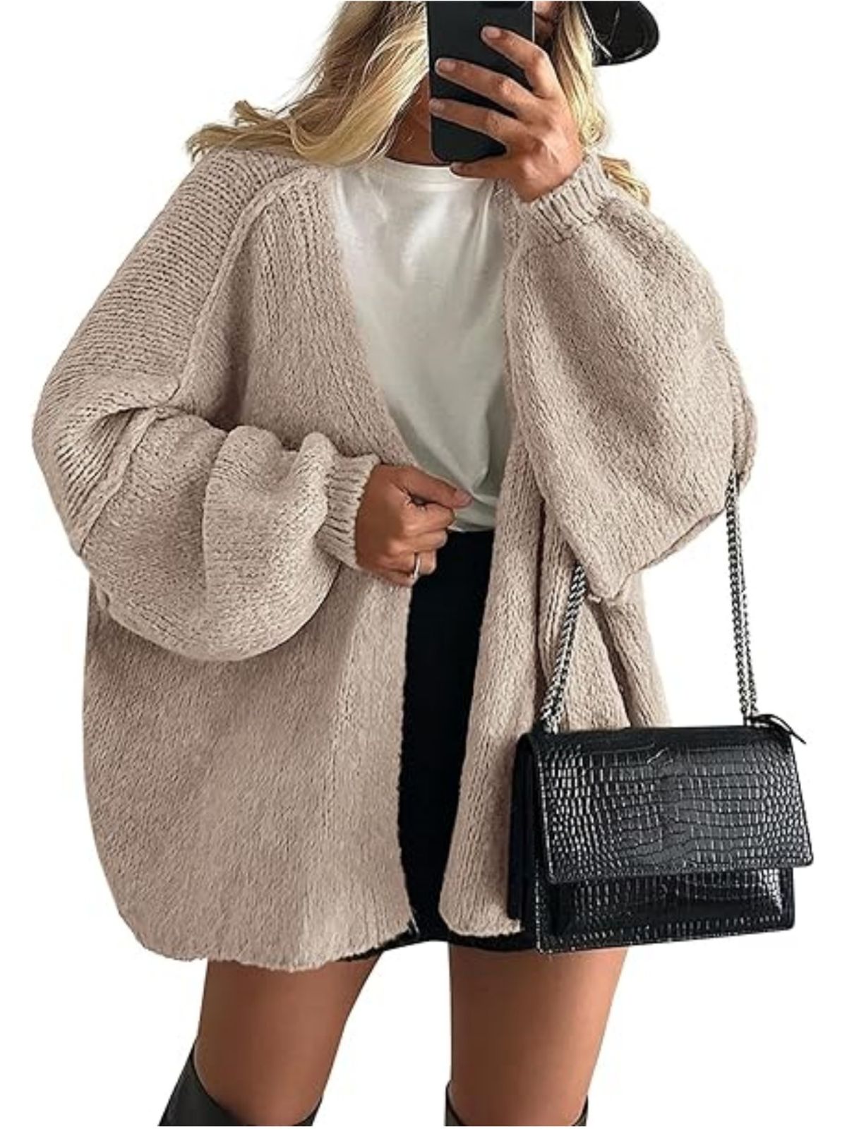 Solid Oversized Camel Outwear Fall Long Lantern Sleeve Knit Cardigan