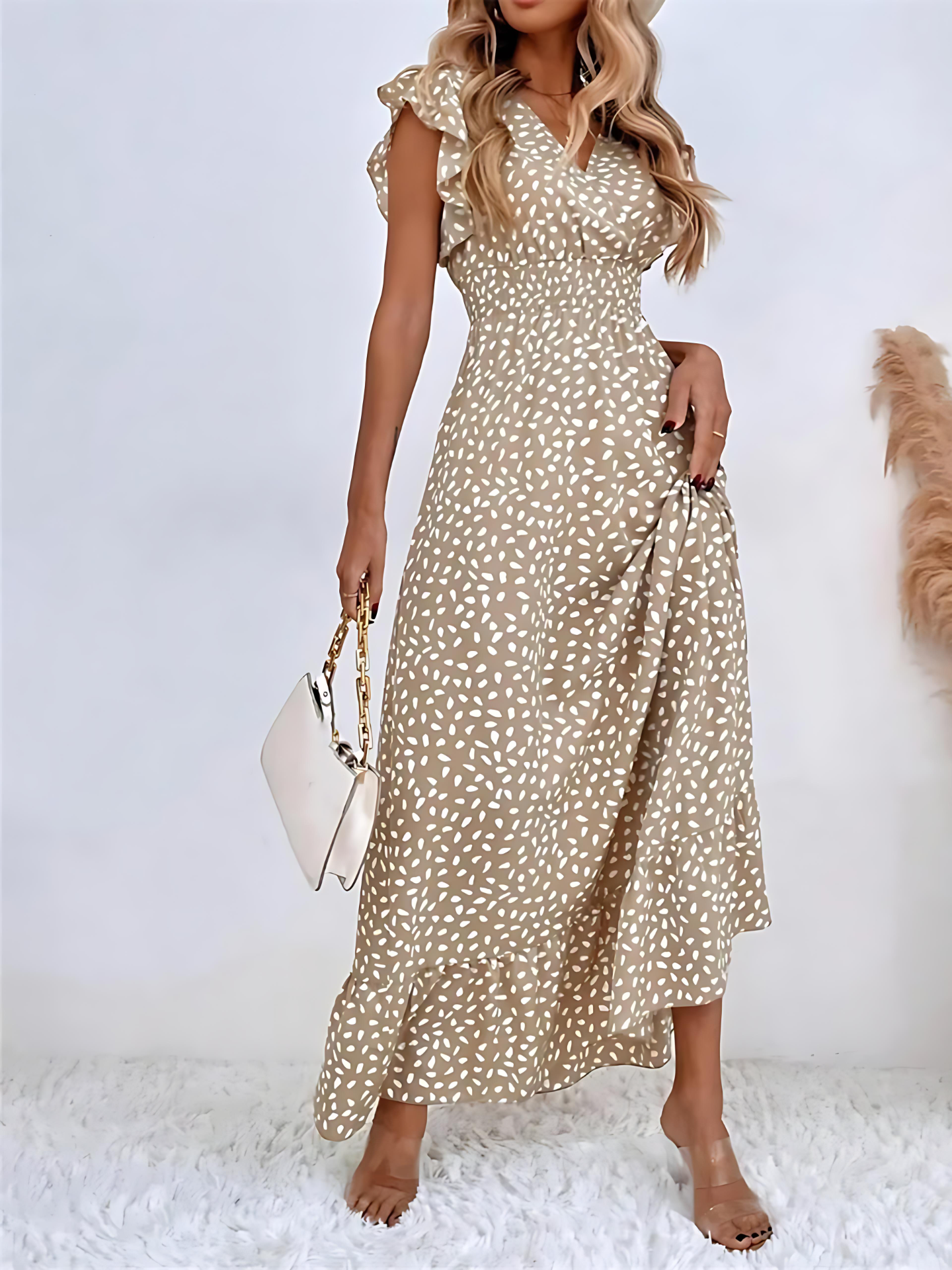 Ditsy Floral All Over Print Boho Ruffles Cap Sleeve V-neck Flounce Sleeve A-line Dress