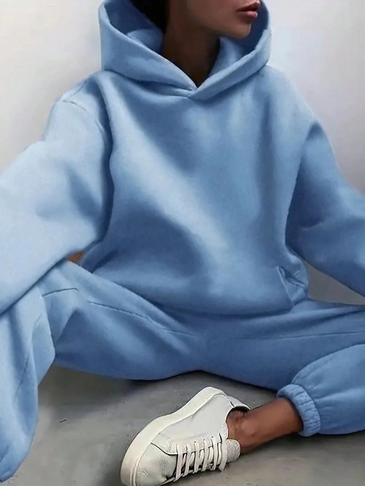 Solid Drop Shoulder Hooded Sweatshirt & Solid Sweatpants