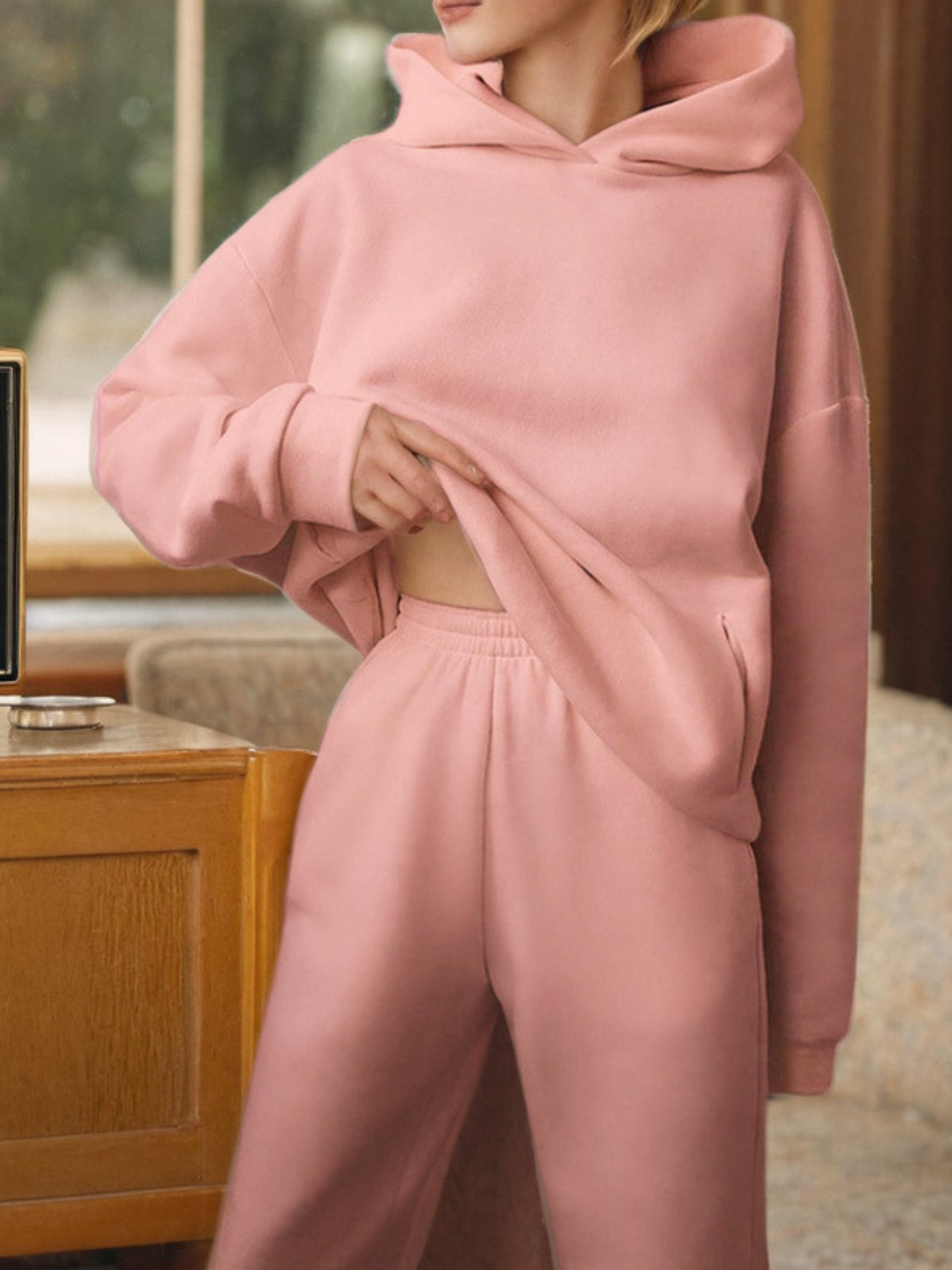 Solid Drop Shoulder Hooded Sweatshirt & Solid Sweatpants