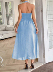 Solid Elegant Vacation Date Halter A-line Dress