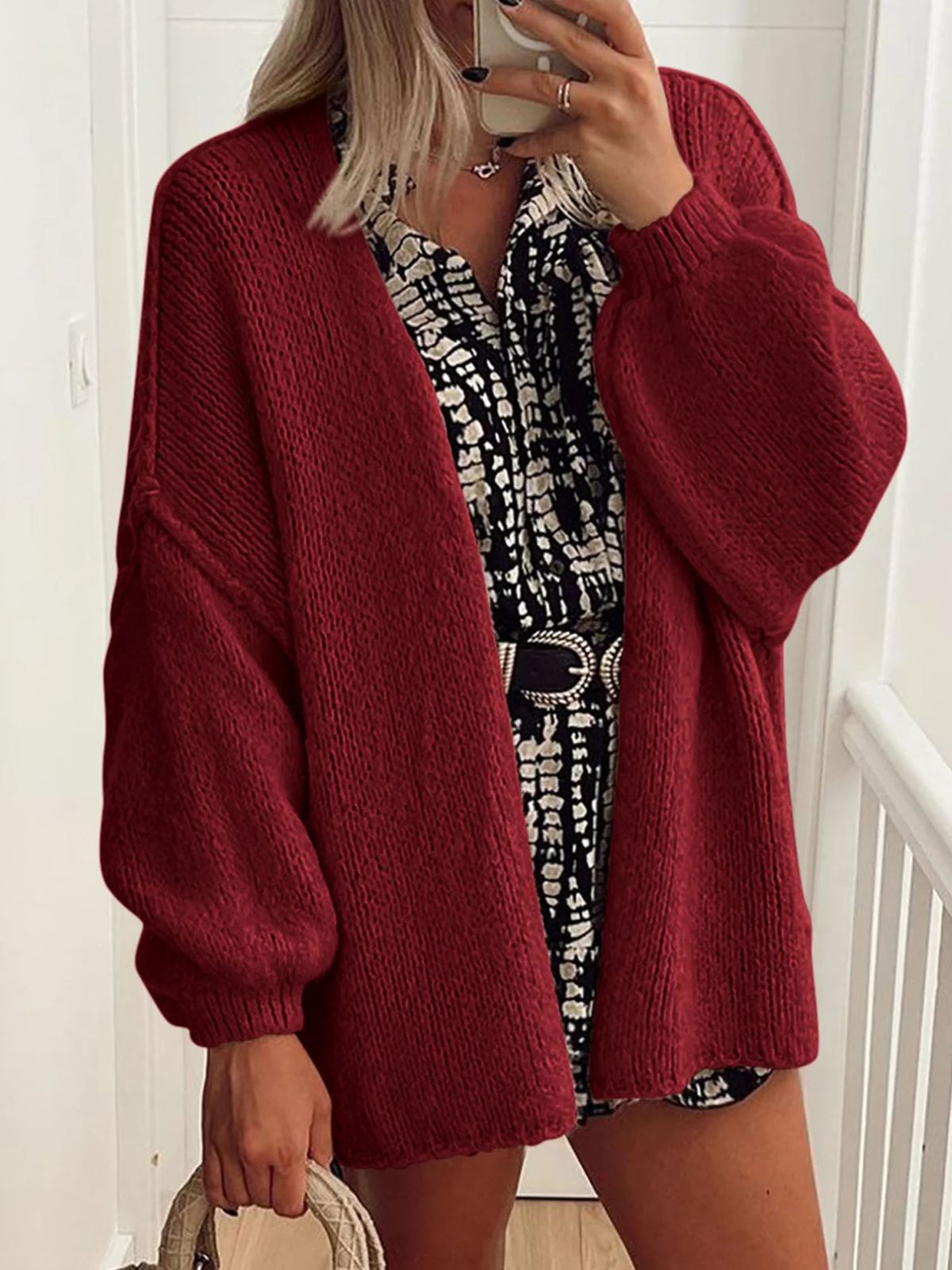 Solid Oversized Camel Outwear Fall Long Lantern Sleeve Knit Cardigan