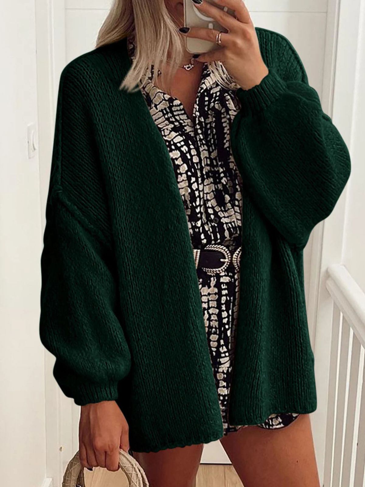 Solid Oversized Camel Outwear Fall Long Lantern Sleeve Knit Cardigan