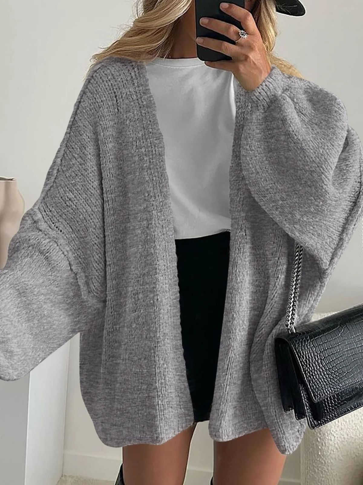 Solid Oversized Camel Outwear Fall Long Lantern Sleeve Knit Cardigan