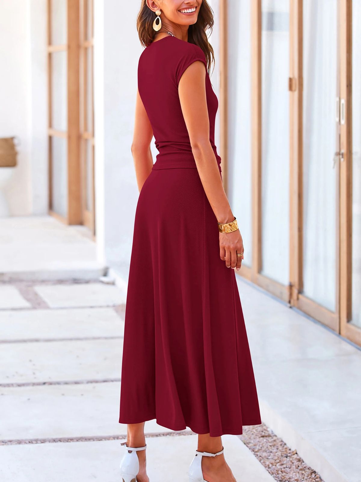 Solid Casual Knit Round Neck Wrinkle Crop Top & Solid High Waist Midi Skirt Set